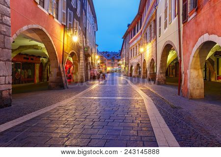 Nice Street Rue Sainte-claire In Old Town Of Annecy At Rainy Night, France