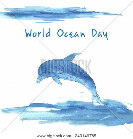World Ocean Day. Stylized Image Of Water. Border In The Form Of Waves. Blue Dolphin, Hand-drawn. Wat