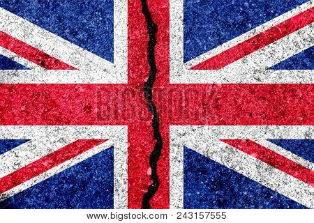 Great Britain Flag, Known As Union Jack, Painted On Cracked Wall Background/brexit Divided Britain C