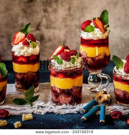 Fruit Cake, Jelly, Custard, Berry And White Cocolate Whipped Cream Individual Trifles, Square