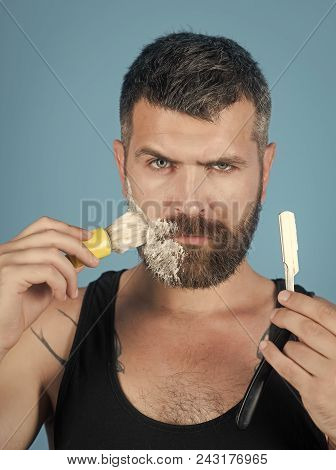 Handsome Man Face. Barber And Hairdresser. Haircut Of Bearded Man, Archaism. Man Cut Beard And Musta