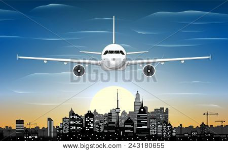 Airplane And City Skyline Silhouette At Sunset. Skyscappers, Towers, Office And Residental Buildings