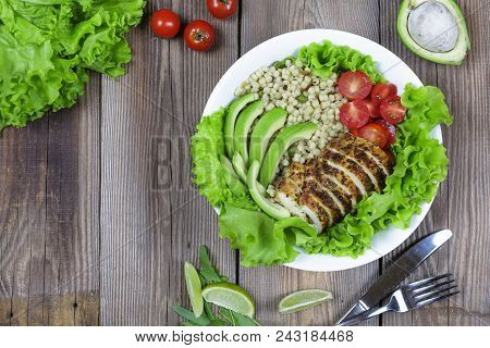 Healthy Food. Healthy Lifestyle, Salad Plate With Grilled Steak, Avocado, Cherry Tomatoes, Mix Cerea