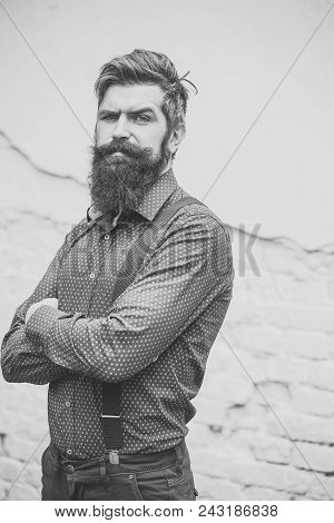 Serious Man. Handsome Senior Stylish Man With Black Hair And Long Lush Beard In Blue Shirt Standing 