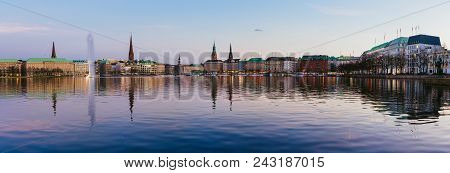 Beautiful Panoramic View Of Alster River And Hamburg Town Hall - Rathaus At Spring Earning Evening D