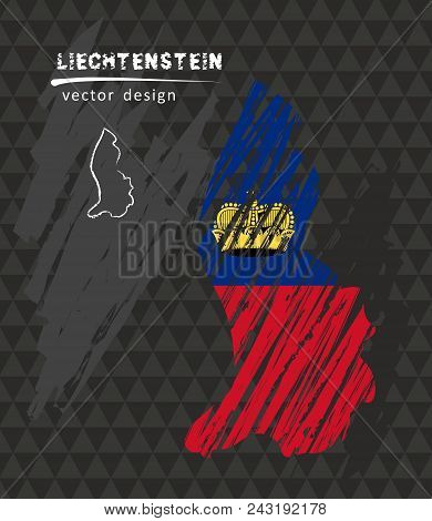 Liechtenstein National Vector Map With Sketch Chalk Flag. Sketch Chalk Hand Drawn Illustration