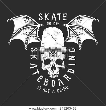 Vintage White Skateboarding Logo With Skull Longboard Wings And Inscriptions On Dark Background Isol