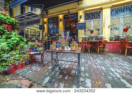 Istanbul, Turkey: Beautiful Decoration Of Street Cafe In Kuzguncuk District With Flowers And Plants 
