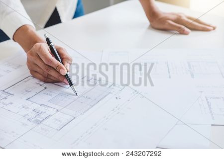 Workplace Items Tools For Project, Architect Or Engineer Working On Blueprint For Architectural Proj