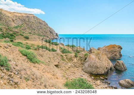 Sea And Rocks Beautiful Horizontal Landscape. Colorful Background, Travelling Concept.