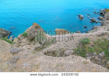 Beautiful Sea With Blue Calm Water And Rocks Landscape. Tourism Concept.