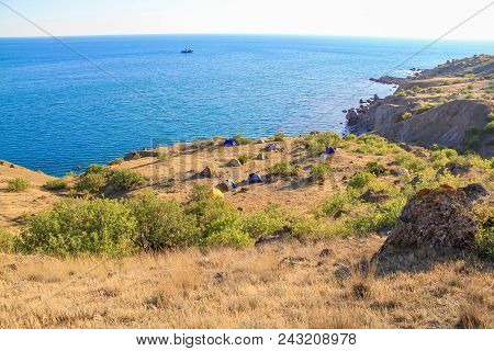 Sea And Rocks Beautiful Horizontal Landscape. Colorful Background, Tourism Concept.
