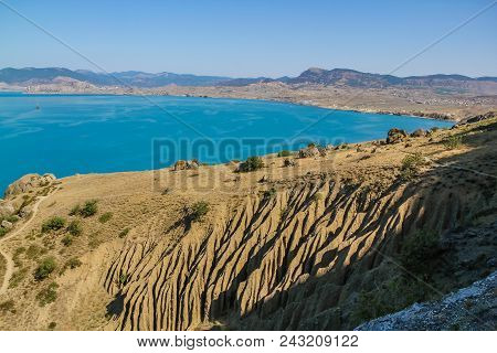 Sea And Rocks Beautiful Horizontal Landscape. Colorful Background, Tourism Concept.