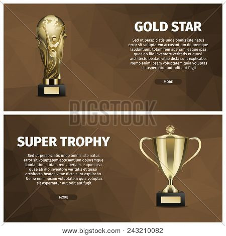 Super Trophy And Gold Star Vector Horizontal Web Banners. Shiny Goblet And Star Statuette Realistic 