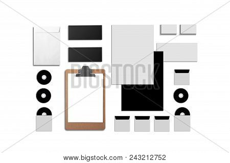 Blank Corporate Id. Set Isolated On White. Consist Of Business Cards, Folder, Tablet Pc, Envelopes, 
