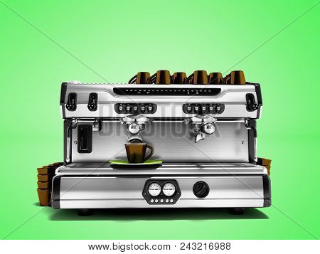 Modern Coffee Machine With A Set Of Brown Cups For Making Coffee Isolated 3d Rendering On Green Back