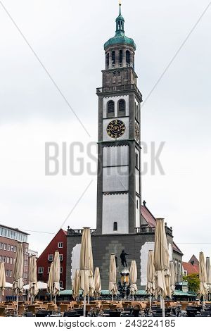 Travel To Germany - View Of Perlachturm (medieval Clock Tower) In Augsburg City In Rainy Spring Day