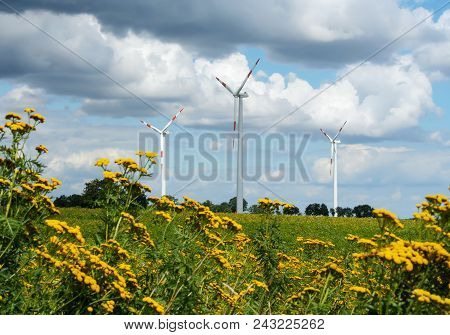 Fields, Wind Power Station And Imposing Sky In The Lüneburg Heath, Northern Germany.