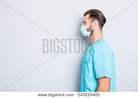 Profile Side View Portrait With Copy Space, Empty Place Of Calm Stylish Man In Sterile Mask And Blue
