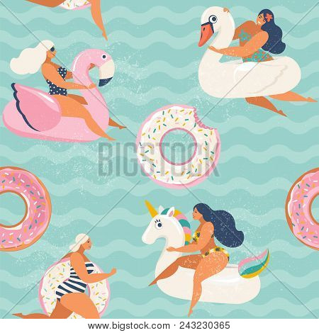 Flamingo, Unicorn, Swan And Sweet Donut Inflatable Swimming Pool Floats. Vector Seamless Pattern.