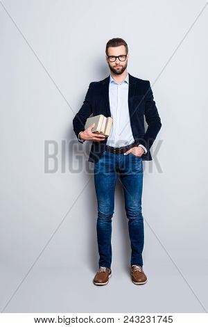 Full Size Fullbody Portrait Of Attractive Stylish Teacher In Shirt, Jacket, Jeans With Stubble Havin