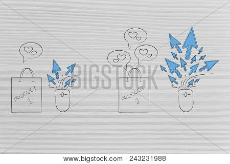 From Unpopular To Popular Items Conceptual Illustration: Shopping Bag With Average Clickrate Versus 