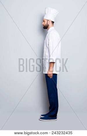 Full Size Fullbody Snap, Profile Portrait Of Attractive, Harsh, Virile Chef Cook With Stubble In Ber