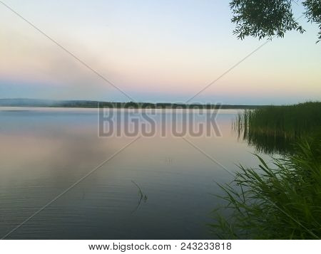 Summer Sunset On The River Vilia Steam Above The Water