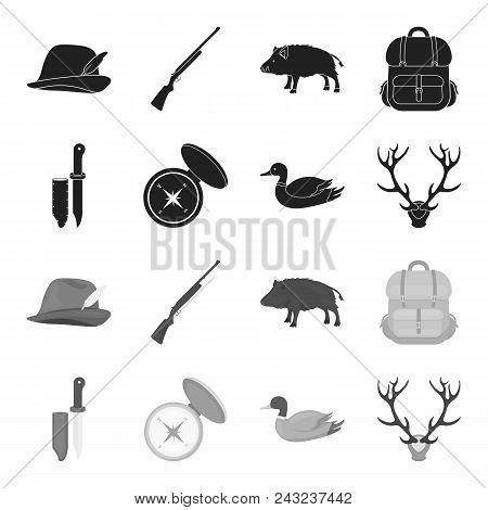 Knife With A Cover, A Duck, A Deer Horn, A Compass With A Lid.hunting Set Collection Icons In Black,