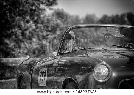 Pesaro Colle San Bartolo , Italy - May 17 - 2018 : Fiat 1100 Tv Trasformabile	1955 Old Racing Car In