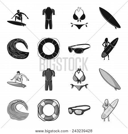Oncoming Wave, Life Ring, Goggles, Girl Surfing. Surfing Set Collection Icons In Black, Monochrome S