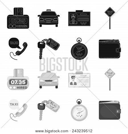 Handset With The Inscription Of A Taxi, Car Keys With A Key Fob, A Stopwatch With A Fare, A Purse Wi