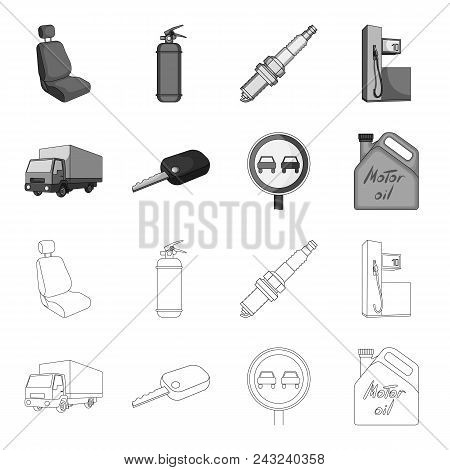 Truck With Awning, Ignition Key, Prohibitory Sign, Engine Oil In Canister, Vehicle Set Collection Ic