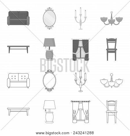 A Coffee Table, A Lamp, Curtains, A Chair.furniture Set Collection Icons In Outline, Monochrome Styl