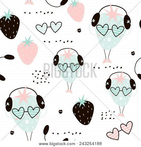 Seamless Pattern With Creative Strawberry Charachters. Hand Drawn Fruits Trendy Background. Great Fo
