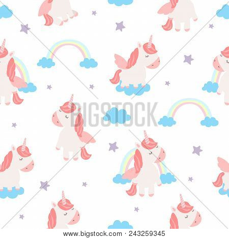 Vector Seamless Pattern With Cute Unicorns And Rainbows