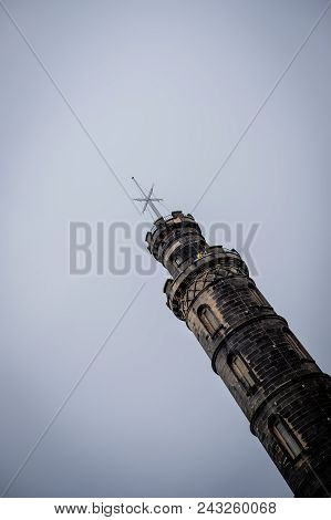 Vice Admiral Horatio Nelson Monument On Top Of Calton Hill In Edinburgh, Scotland, Uk