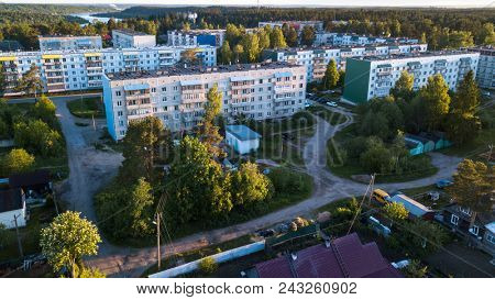 Bird's eye view of houses in urban-type settlement Nikolskiy in Leningrad region, Russia.