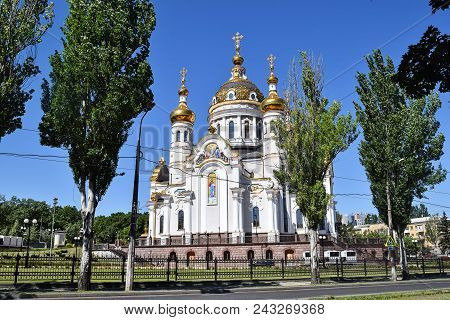 Orthodox Crosses On Gold Domes Blue Sky With Clouds