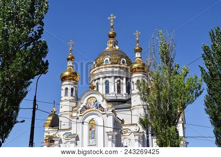 Orthodox Crosses On Gold Domes Blue Sky With Clouds