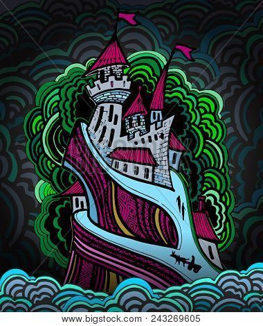 Cartoon High Castle On The Island In The Night Sea