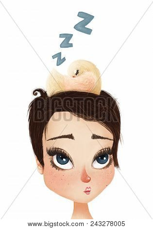 Raster Artistis Poster With A Girl And A Bird Sleeping On Her Head. A Beautiful Girl With A Short Ha