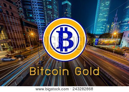 Concept Of Bitcoin Gold Or Btg Coin, A Cryptocurrency Blockchain Platform , Digital Money, Cityscape