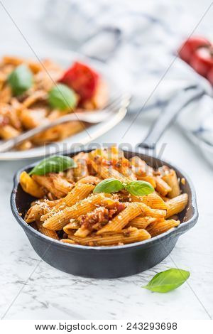 Italian Food And Pasta Penne With Bolognese Sause In Pan