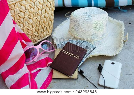 Fashionable Women Accessories For Travel : Passport, Hat, Sunglasses