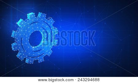 Technology gear 3d futuristic hud background. Polygon gear wheel as a concept of global engineering, progress, settings, development, automatization, industrial revolution. Horizontal layout.