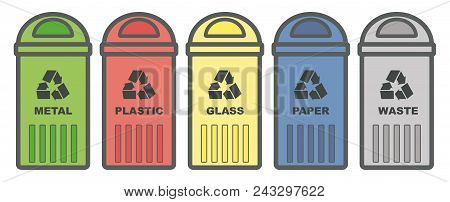 Set Garbage Icon. Waste, Five Colorful Recycle Bin Icon Melal, Glass, Paper, Plastic. Flat Design. W