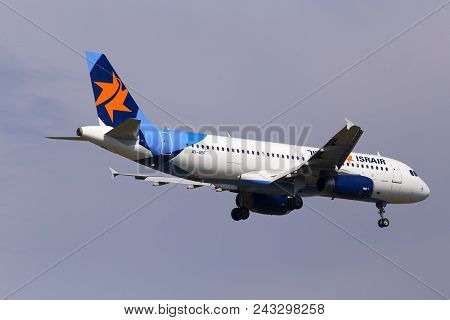 Borispol, Ukraine - May 25, 2018: 4x-abf Israir Airlines Airbus A320-200 Aircraft On The Cloudy Sky 