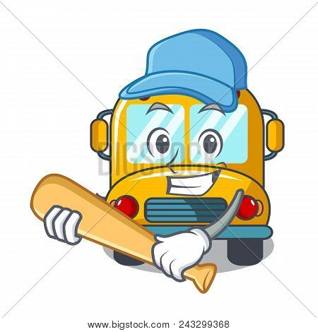 Playing Baseball School Bus Character Cartoon Vector Illustration