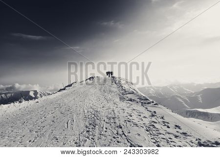 Black And White Wide Angle View On Top Station Of Ropeway. Caucasus Mountains At Winter, Georgia, Re